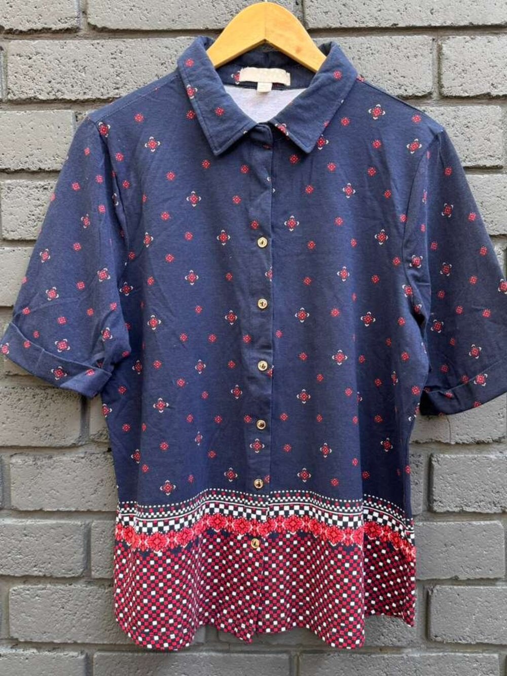 Carolyn Taylor Women Floral Geo Print Button Up Short Sleeves Blouse L Blue Red